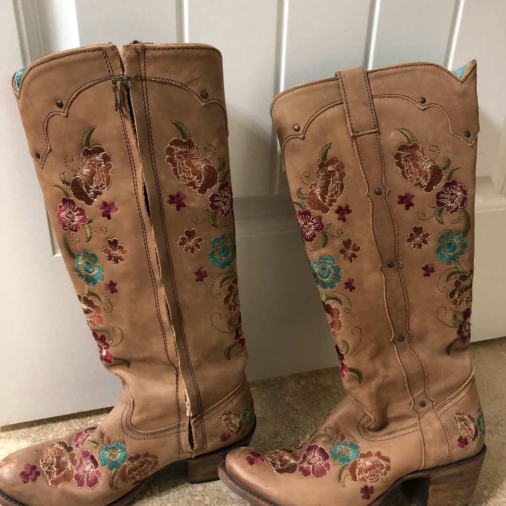 Tall embroidered leather boots
